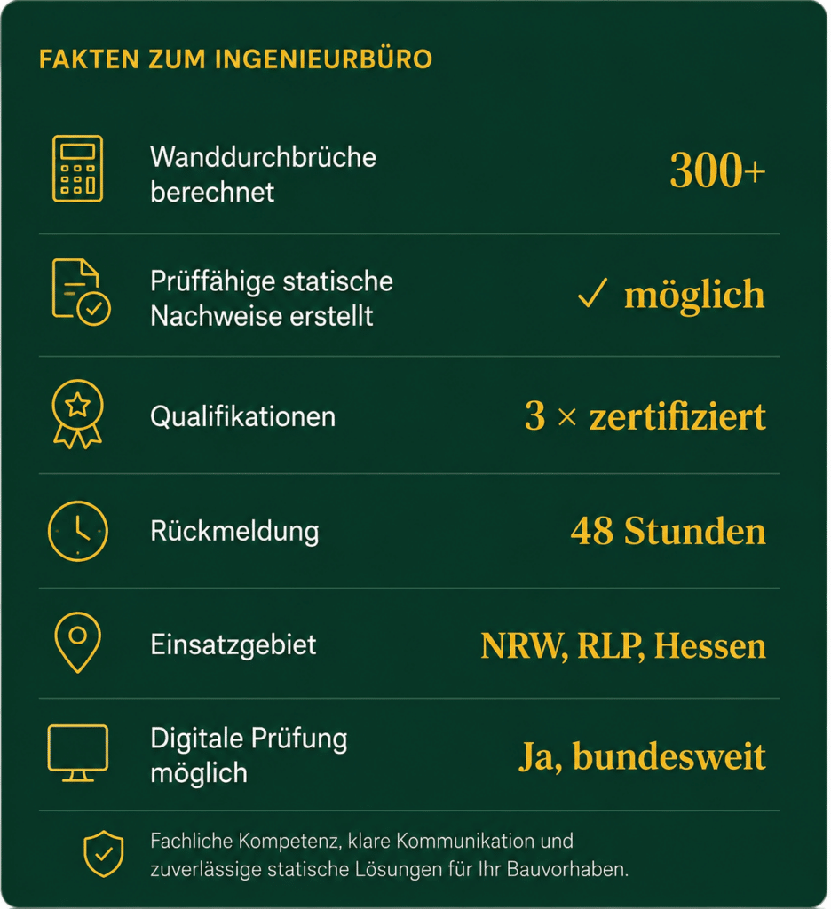 Fakten zum Ingenieurbüro für Tragwerksplanung, Wanddurchbrüche und statische Nachweise